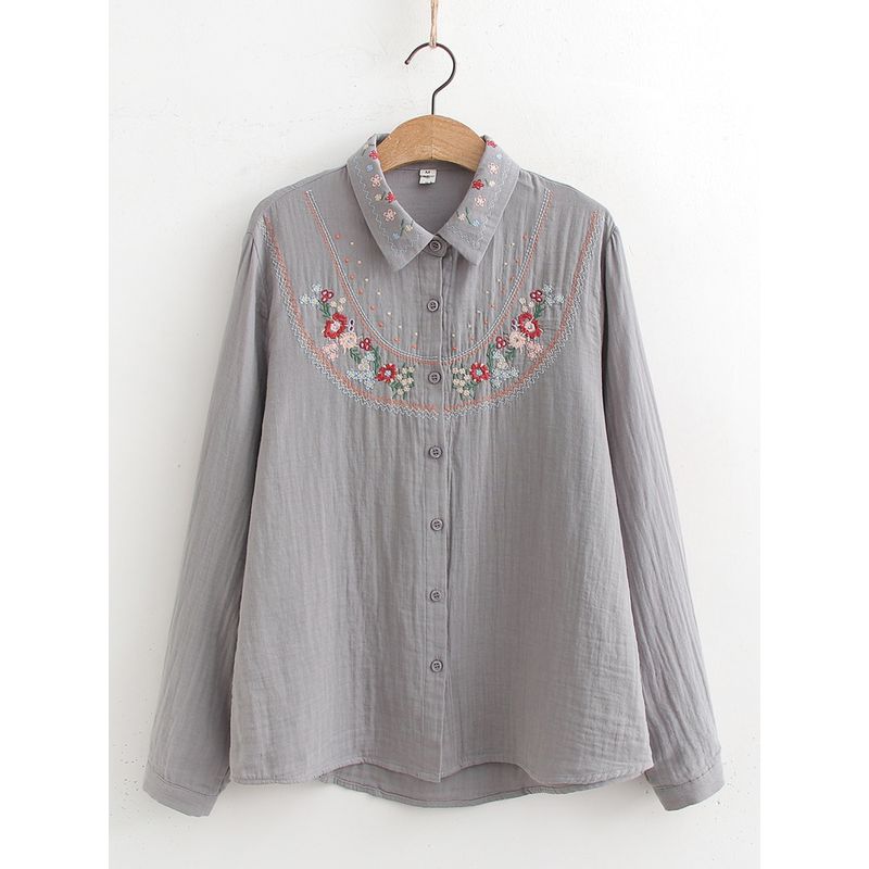 Retro Artsy Ethnic Style Embroider Flower Pure Cotton Shirt 2024 Spring New Arrival Loose All-Matching Top Women