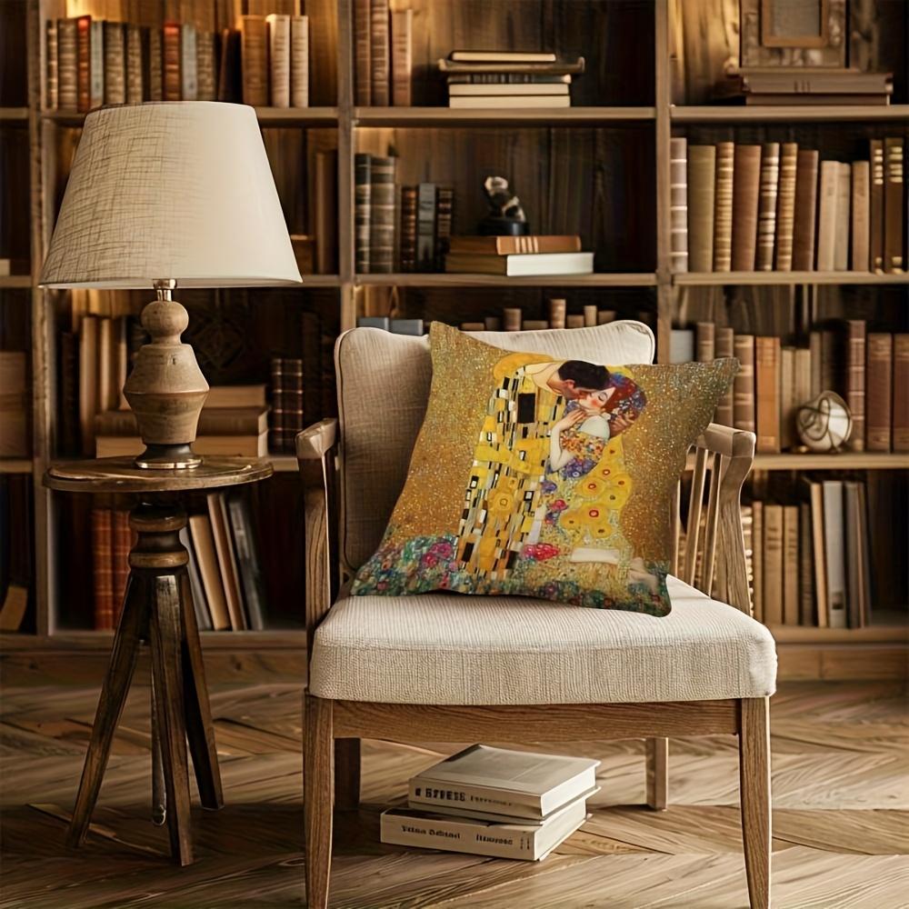 1Pc Gustav Klimt The Kiss Polyester Throw Pillow Cover 2D Double-Sided Print, Decorative Cushion Case For Bedroom Living Room, P