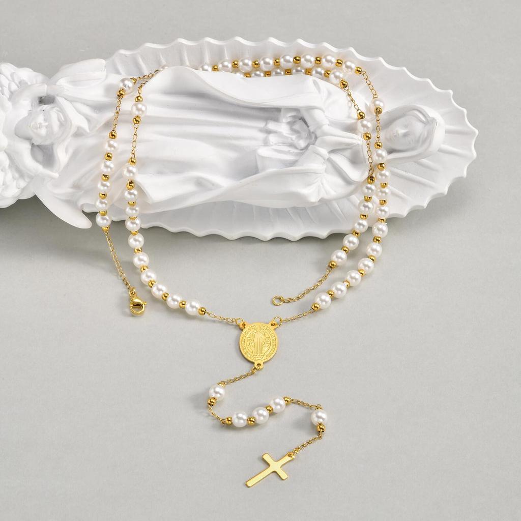 Rosary Pearls Beaded Cross Necklaces for Women, Virgin Mary Necklace, Non Tarnish Catholic Y Chain Crucifix Necklace Pendant
