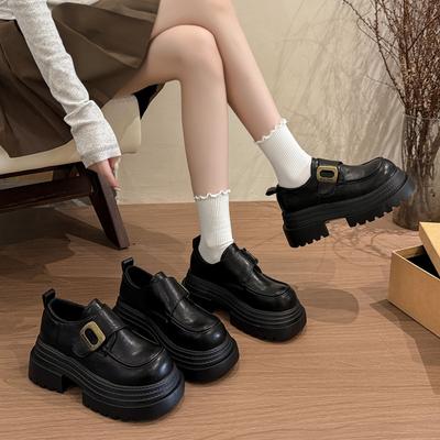 2025 British Style Super High Heel Thick Sole Heightening Metal Buckle Small Leather Shoes Thick Sole Muffin Single Shoes Spring New Women