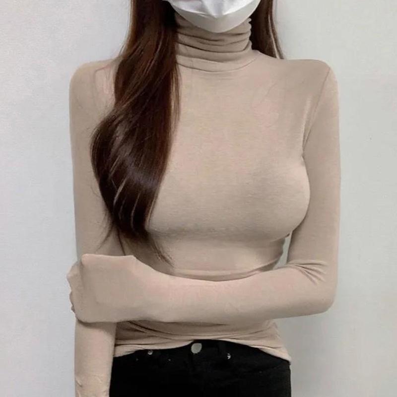 Korean Dongdaemun Women's Slim-Fit Cashmere High Neck Long Sleeve T-Shirt - Soft, Smooth, and Figure-Flattering