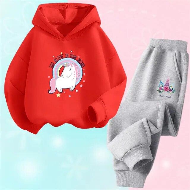 Spring Fall Girls Unicorn Sport Clothing Set Kids Outfits Hoody Sweatershirt Pants Children Fashion Thin Tracksuit
