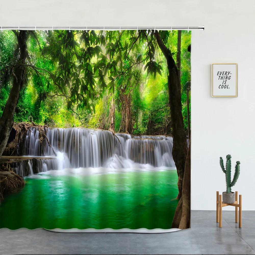 Forest Waterfall Landscape Shower Curtains Tropical Rainforest Green Bamboo Mountain Printed Fabric Luxury Bathroom Decor Hooks