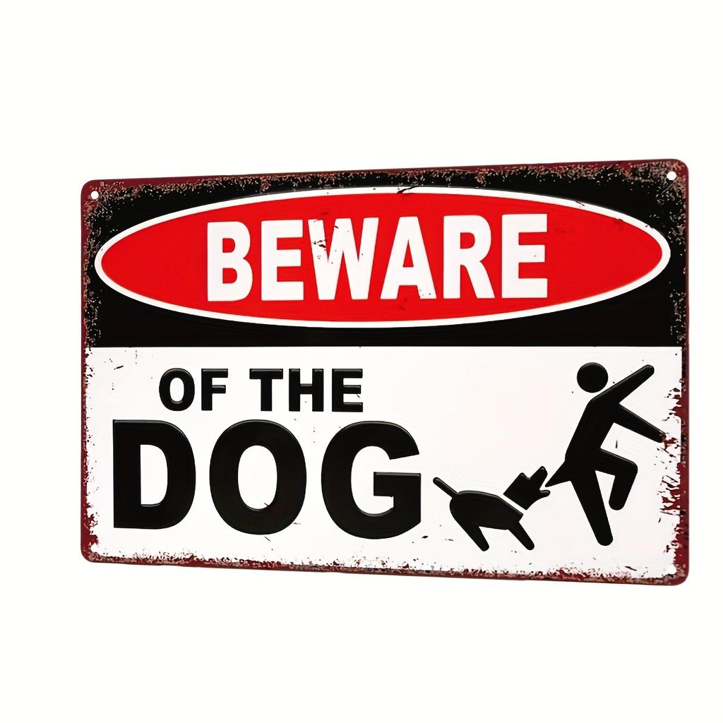Vintage Metal Beware of Dog Sign Suitable for Home Cafe Entryway Decor Distressed Iron Warning Wall Art with RedWhite Do