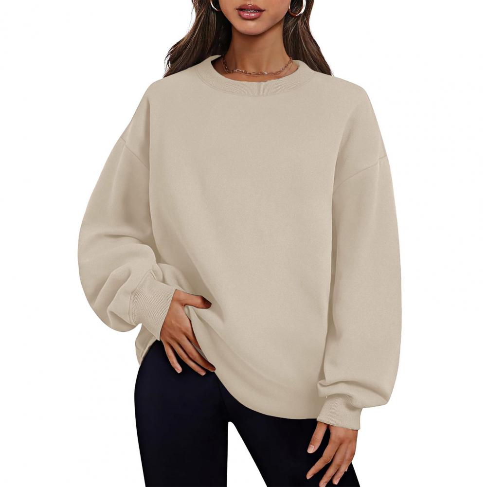 

Fall Winter Female Sweatshirt Thickened Plush Round Neck Solid Color Oversized Split Hem Pockets Pullover Mid Length Warm Sport Da Practical Use S хаки