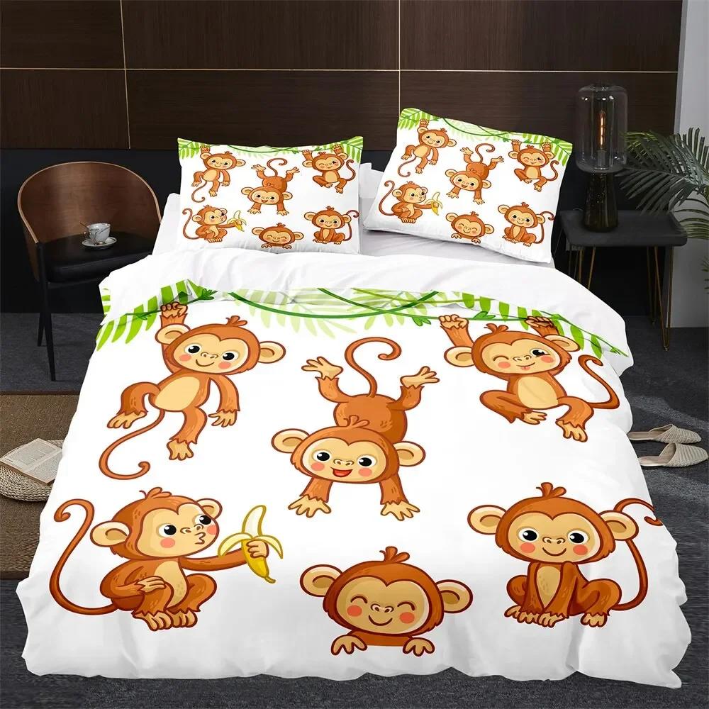 Affe Bettbezug King Queen Lieblich Cartoon Tier Bettwäsche Set für Kinder Junge Mädchen Grün Dschungel Baum 2/3tlg. Polyester Steppdeckenbezug