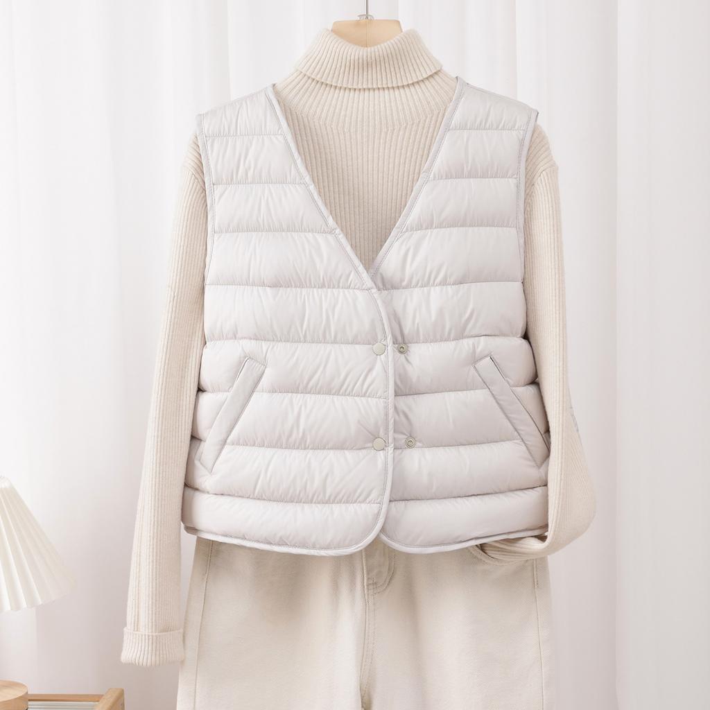 High-end Light Luxury Goose Down~ New Women's Bottom V-neck Down Vest, Light and Slim Women's Collarless Vest
