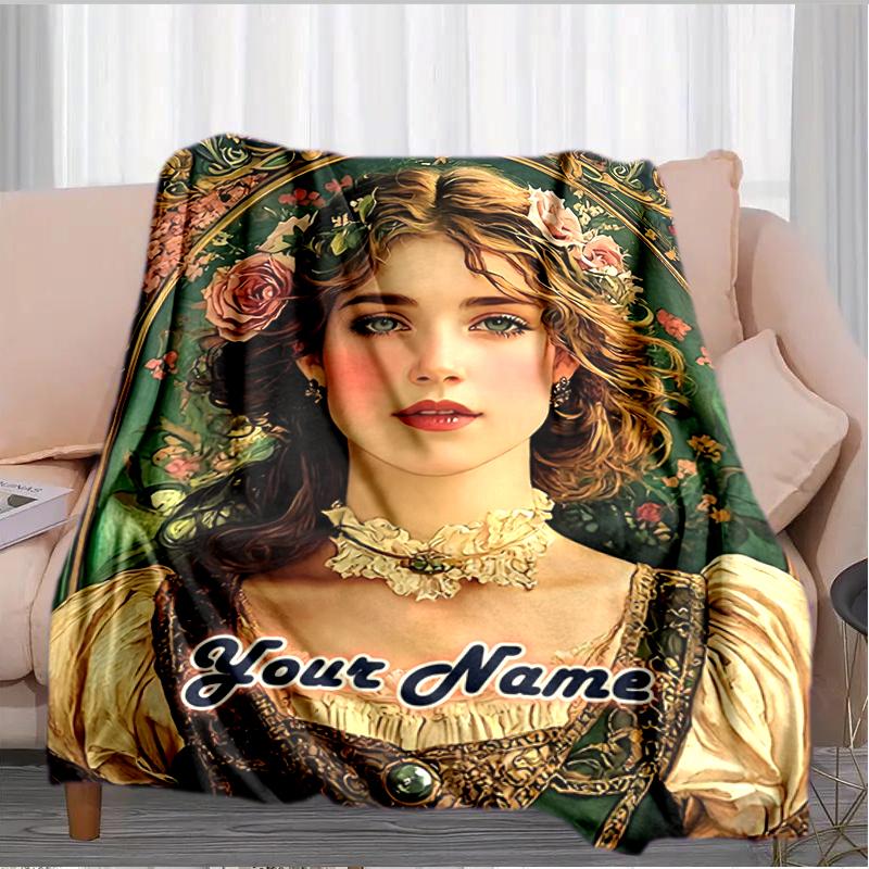 1PC Custom Name "Victorian Elegance Portrait" Flannel Blanket Versatile,all-season Throw Suitable for the Living Room,bedroom,camping,travel,and Gift