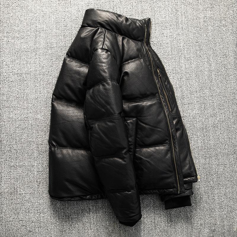 Top Layer Sheepskin Leather Leather Jacket for Men Shrink-print Genuine Leather Thickened Down Warm Casual and Versatile Leather Jacket Winter Jacket