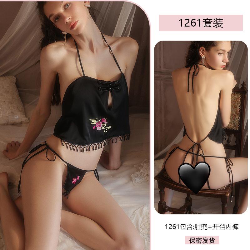 Yiyue erotic underwear sexy embroidery bead chain belly pocket open crotch uniform lace-up large size free pajamas set 1111