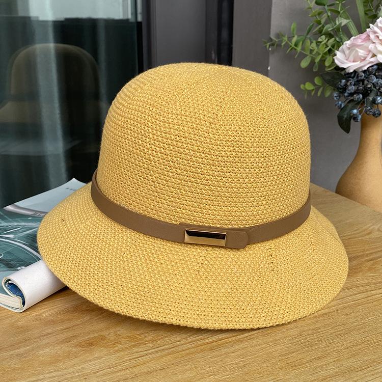 Cotton and linen knitted belt buckle decorative dome hat spring and summer elegant bucket hat ladies sunscreen sunshade basin hat