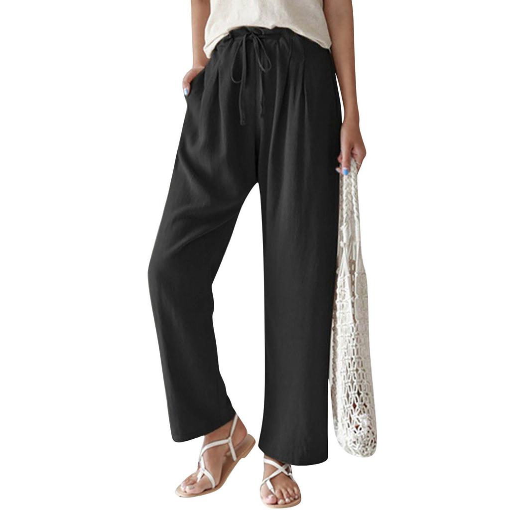 Summer Ladies Casual Wide Leg Tie Elastic Waist Pleat Front Pocket Solid Color Wide Leg Pants Dress Pants