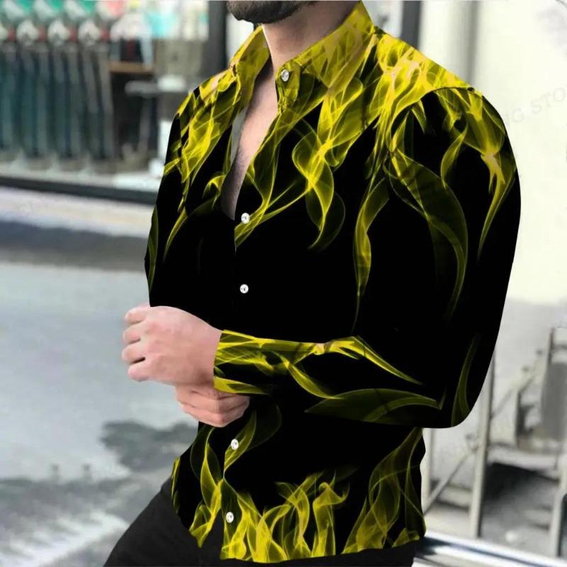 Multicoloured Flame Print Men's Turn-down Collar Button Shirt Casual Long Sleeve Shirt Fashion Streetwear Trend Tops Men Clothes