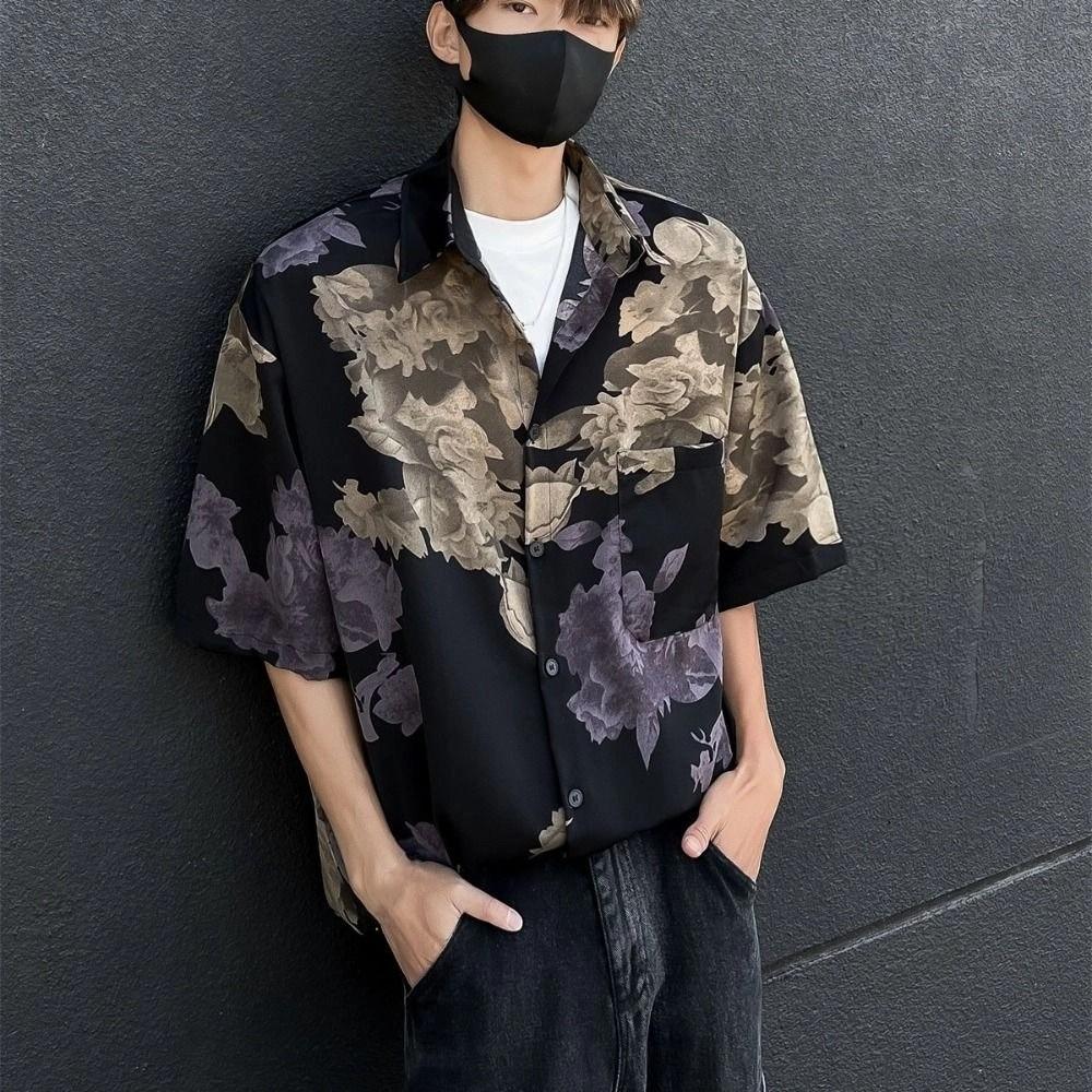 Loose Beachwear Shirts Men V-neck Short Sleeve Shirts All Match Women Flower Blouse Summer