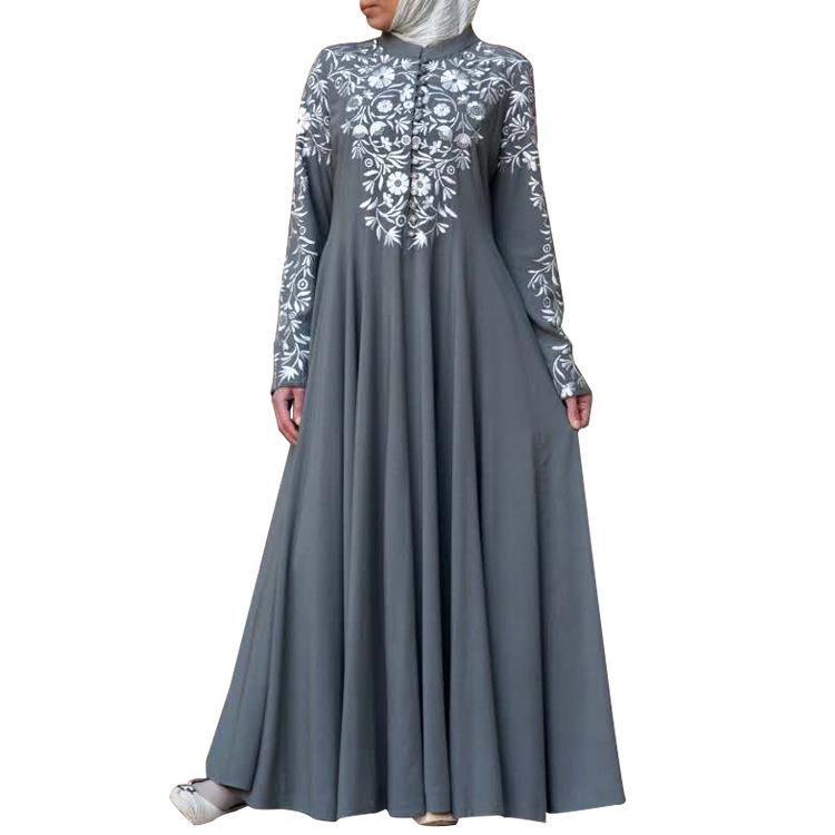 Idodo Muslimische Damen Langarm Stehkragen Blumendruck Ethno Schwingrock 1491