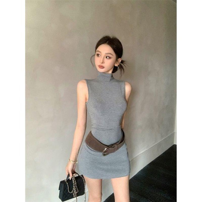 

Kumikumi Gyaru Style Half-high Collar Gray Vest One piece Dress Women clothing Summer Temperament Waist Hugging Hip Skirt Short dress Brown belt 22600# One size