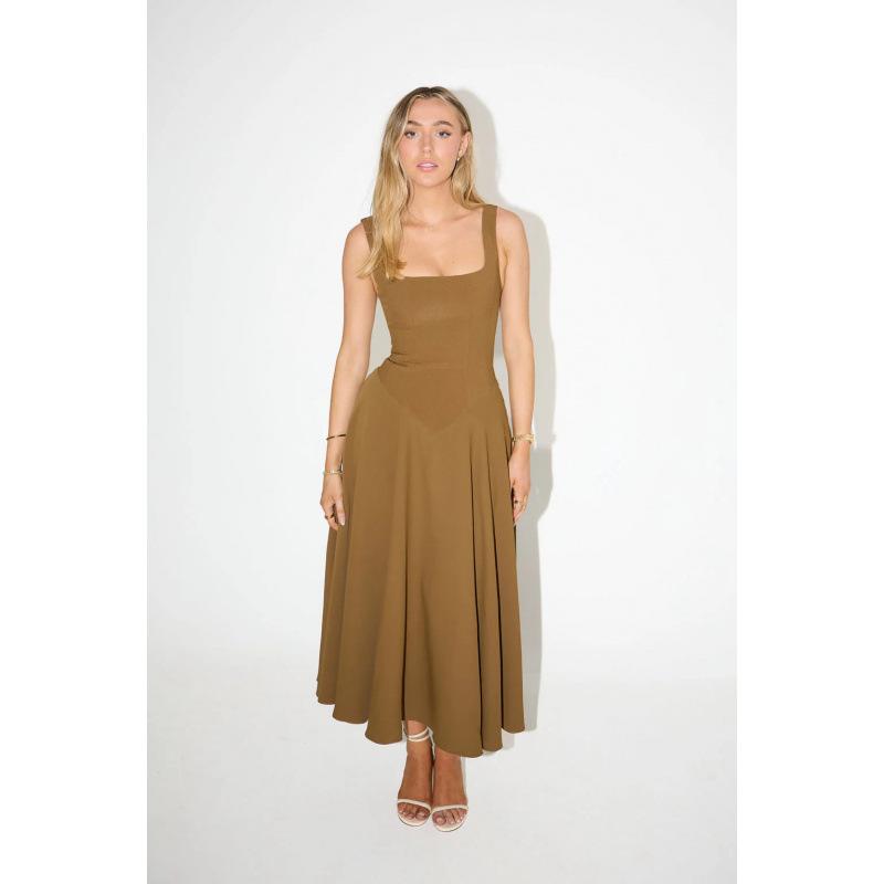 Women's Square Neck Sleeveless Midi Dress Spaghetti Strap High Waist A Line Flowy Long Summer Casual Dress With Pockets