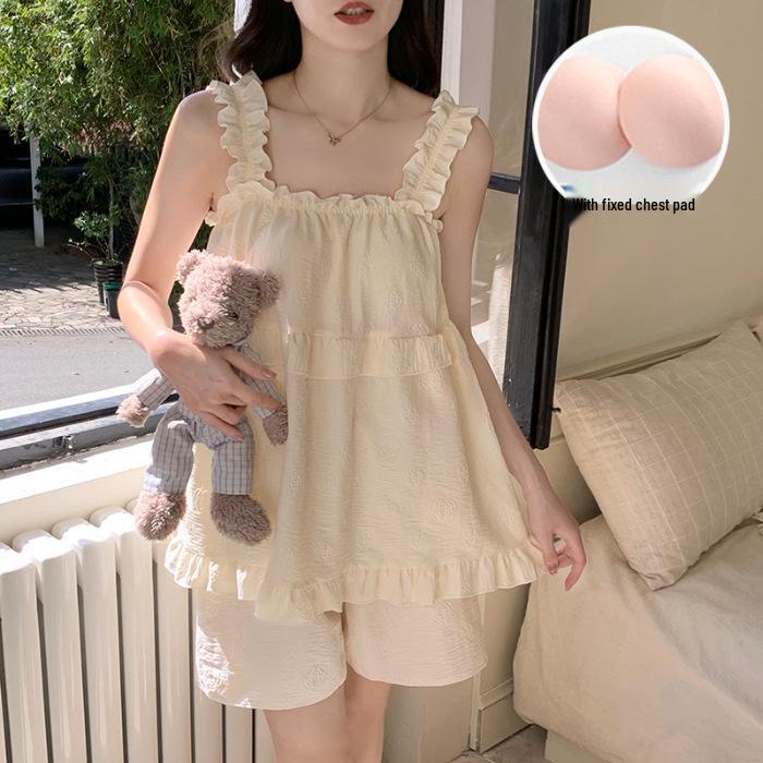 2026 Summer Women's Cloud Cotton Pajama Set with Built-in Bra, Princess Style Camisole, Sweet Home Wear