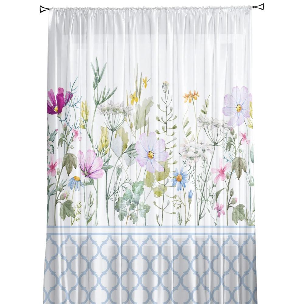 Blue Morocco Flower Wildflower White In Sheer Drapes for Living Room Bedroom Kitchen Window Treatment Chiffon Curtain