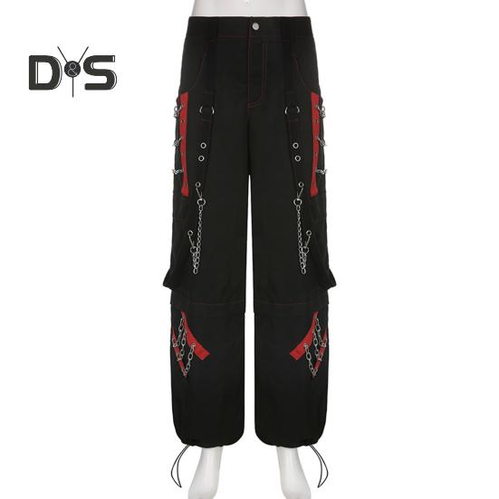 Women Pants High Waist Color Block Wide Leg Casual Trousers Loose Fit Retro Cool Long Pants Streetwear