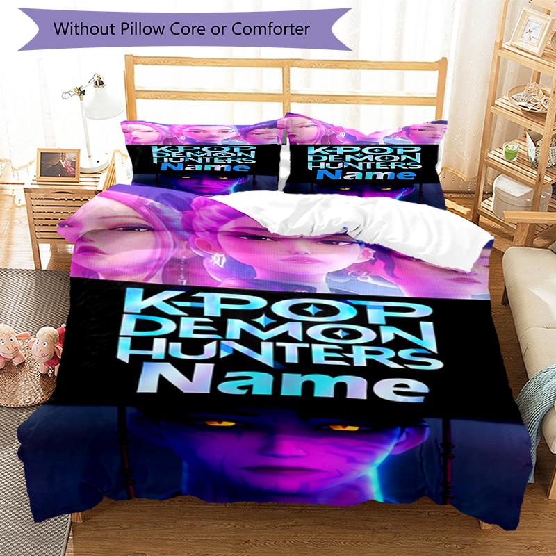 3pcs Custom Name KPop Demon Hunters Bedding Set Duvet Cover Closure Includes 1 Duvet Cover & 2 Pillowcases, Soft and Comfortable for All Seasons.