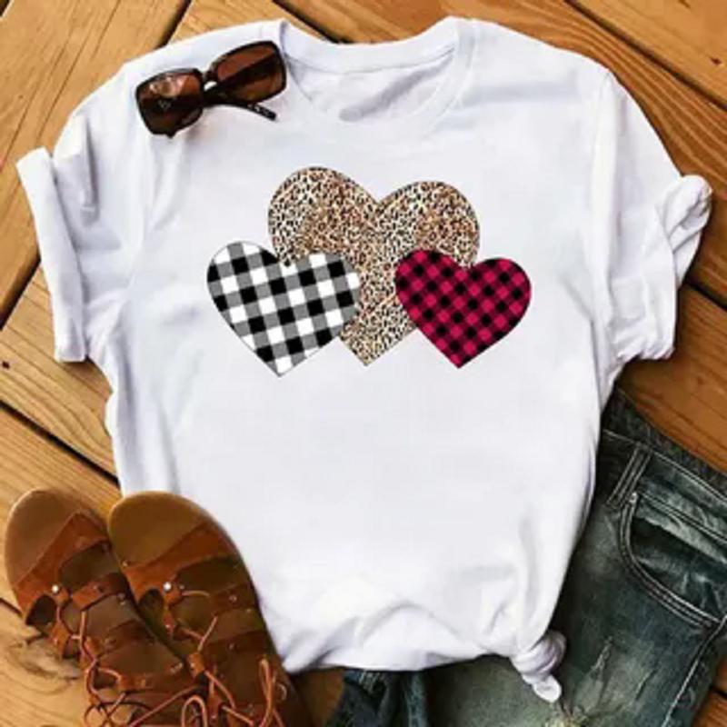Blue Heart-Shaped Trendy Style Women's T-shirt Funny Cartoon Short-Sleeved Graphic T-Shirt Fashion Print for Casual Wear