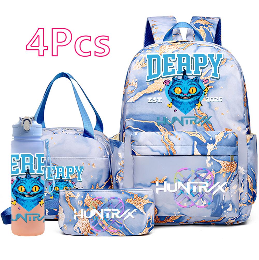 4Pcs/set K-Pop Demon Hunters Printed Backpack Handbag Pencil Case 750Ml Water Bottler for Teenager Boy Girl Large Capacity Waterproof Schoolbag