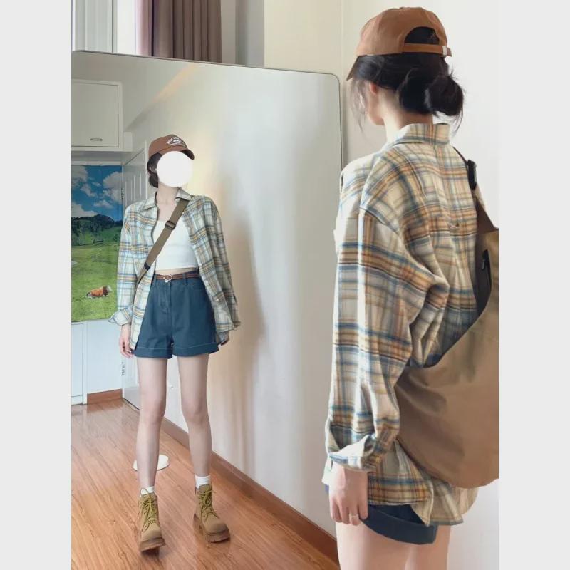 Women's Korean-Style Plaid Shirt Jacket - Early Autumn, Loose Fit, Long-Sleeved, Retro Design