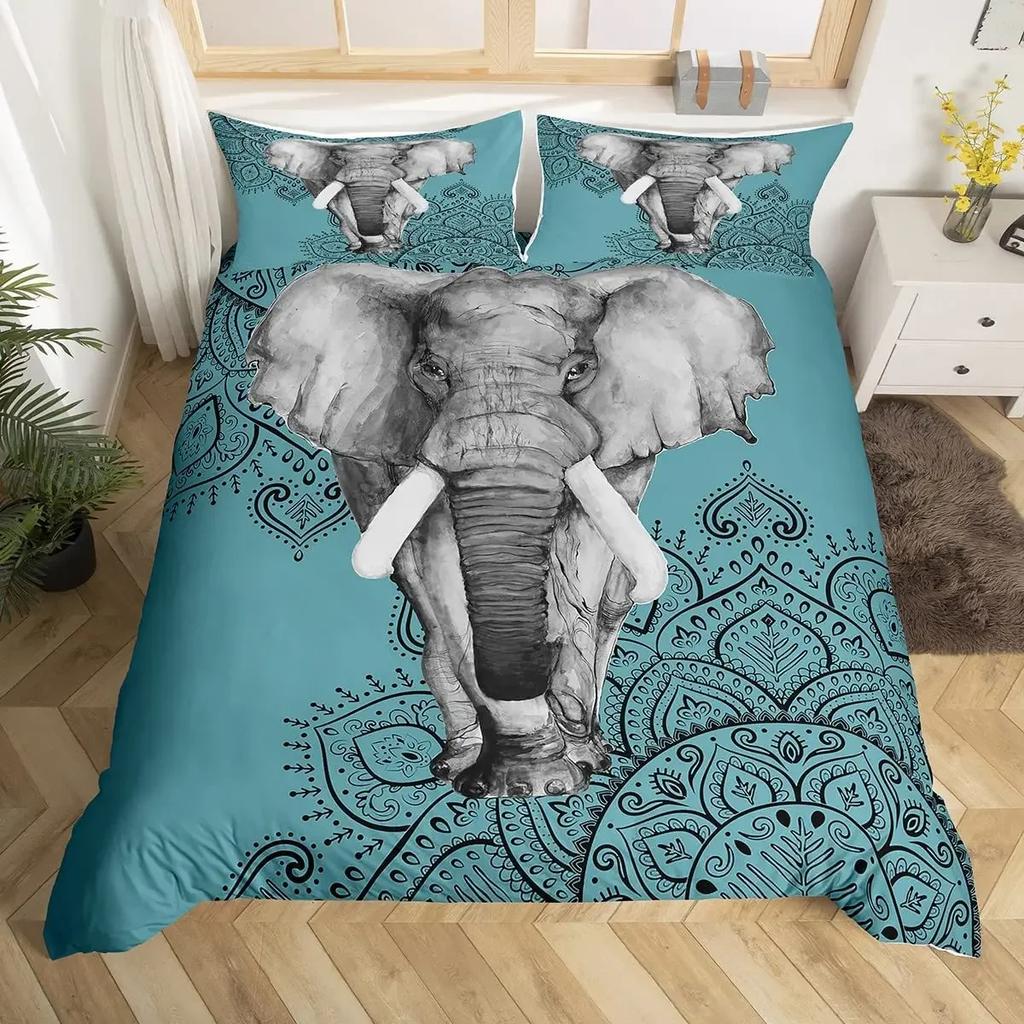 Comforter Cute Elephant Green Grass Bohemian Elephant Bedding Set Microfiber Safari Animals Comforter Twin King Size