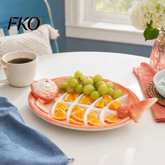 Three-dimensional Fish Plate Shaped Ceramic Dumpling Plate, Sushi Serving Tray with Red Gradient Platter Dip Sauce Grooves, Multifunctional Appetizer