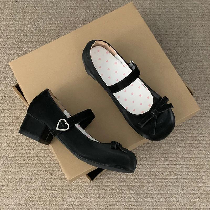 Fashion Preppy Butterfly-Knot Low Heel Mary Janes Women Vintage Solid Buckle Strap Pumps Woman Cute Sweet Lolita Single Shoes for Ladies