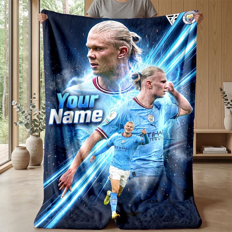 Erling Haaland Custom Name Text Flannel Blanket Soccer Logo Personalized Fleece Throw Blanket Special Gift For Sofa Bedroom Home