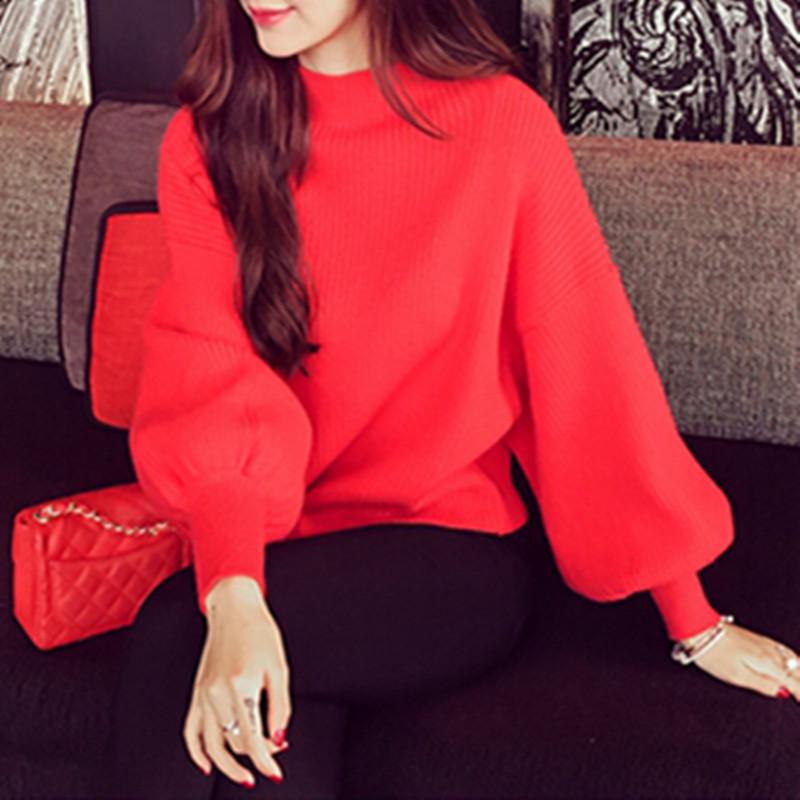 Women's Korean Style Half-High Neck Loose Knit Sweater with Lantern Batwing Sleeves - 2026 Autumn/Winter Collection