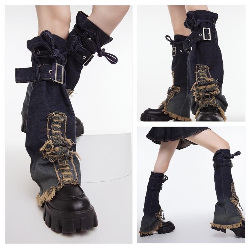 Japanese Women Buckled Strap Distressed Crosses Star Jeans Leg Warmers Harajuku Punk Flared Leg Cover Baggy Long Socks