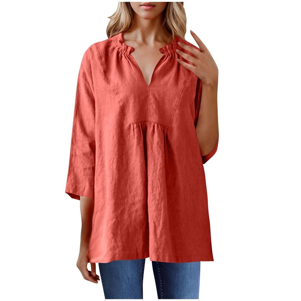 Women's Casual Loose Cotton Linen Solid Color Seven Quarter Sleeve Pleated V-Neck Shirt Top