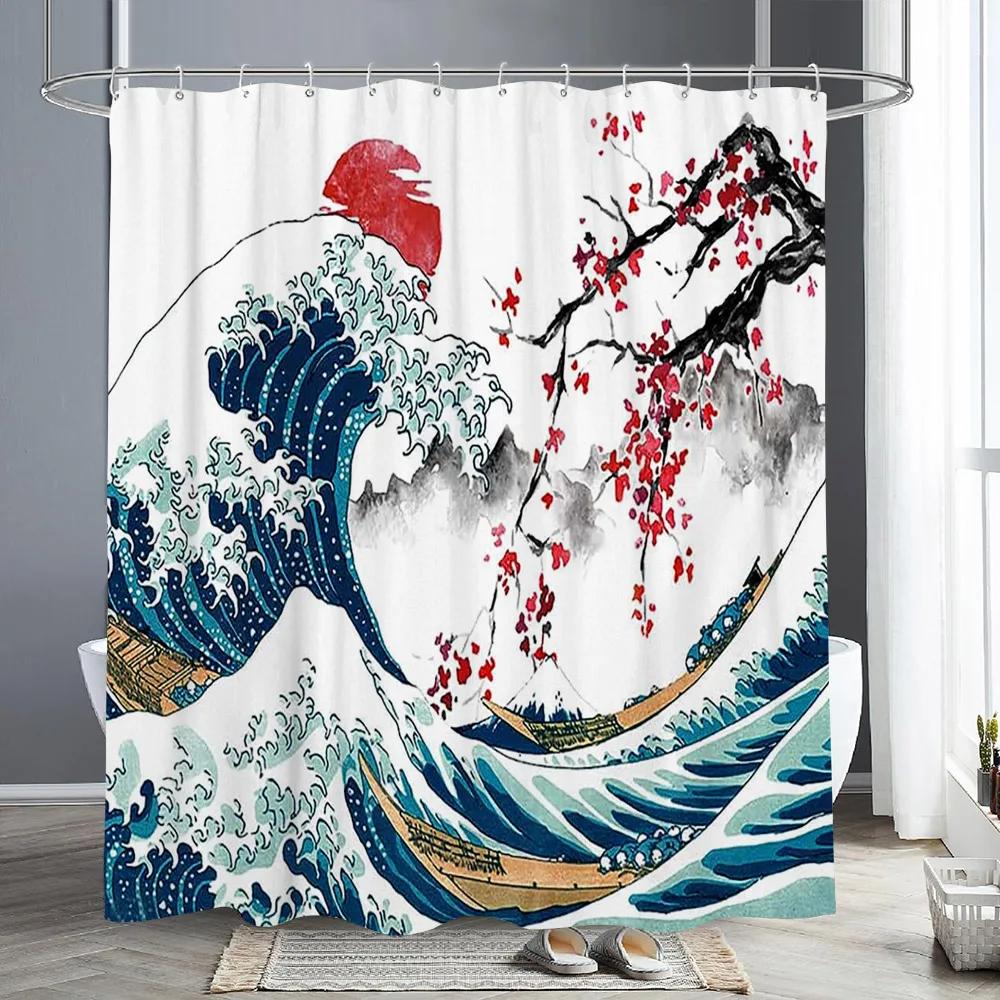 Roter Pflaumenblütenzweig, japanischer chinesischer Duschvorhang, orientalische Sonne, neblige Berge, Tinte, Naturlandschaft, Badezimmer-Kunstvorhänge