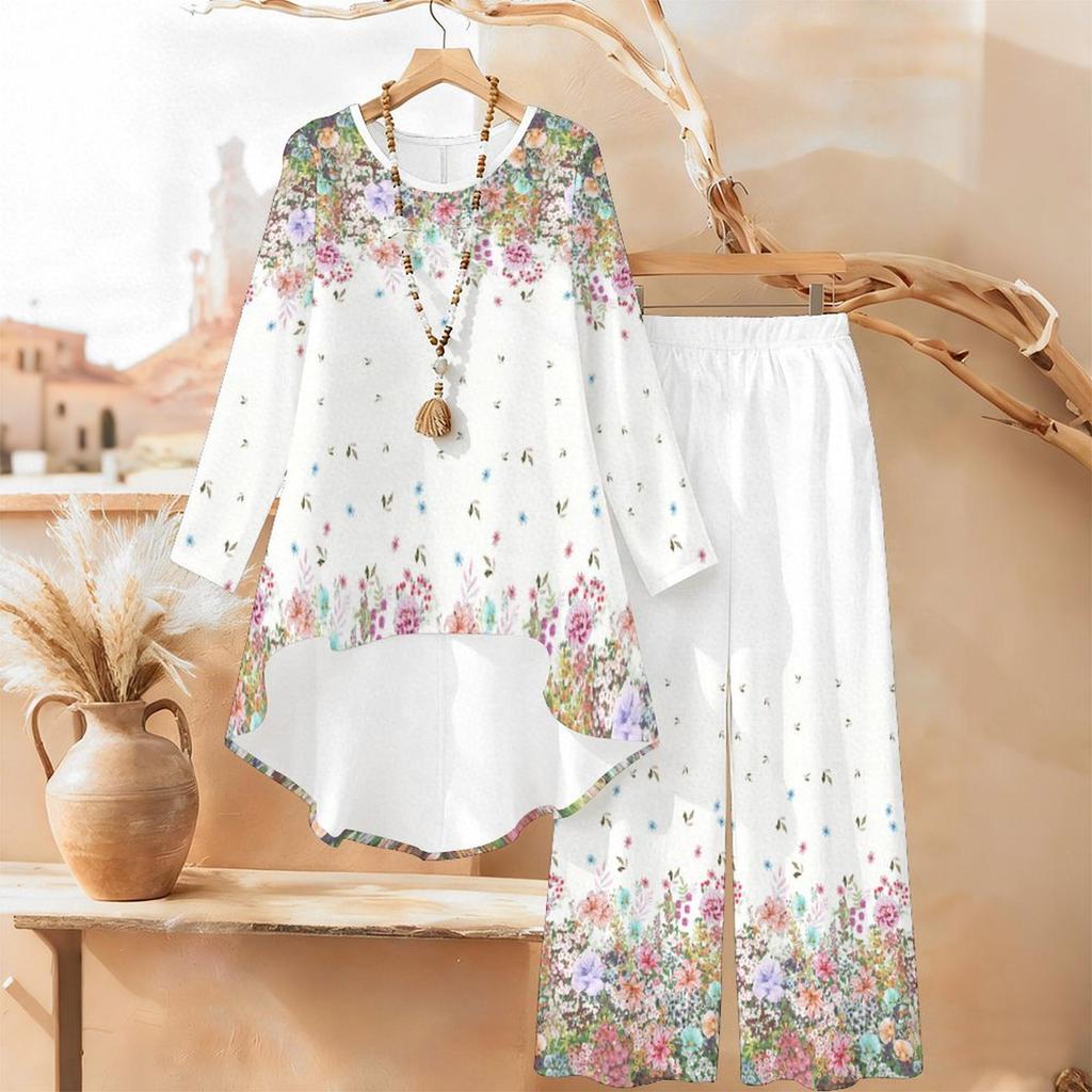 Floral Print Print Two Piece Outfit Women Long Sleeve Irregular Hem Tunic Top Wide Leg Pants Casual Matching Set