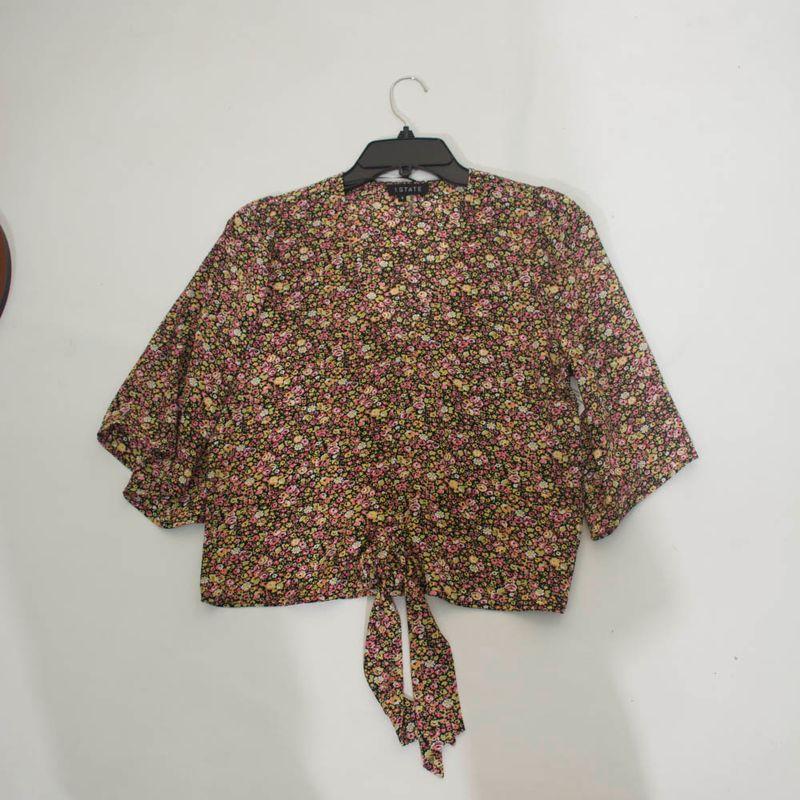 

Super Good, Don t Hesitate! Chiffon Bell Sleeve V Neck Lace-up Waist Tops Small yellow flower S