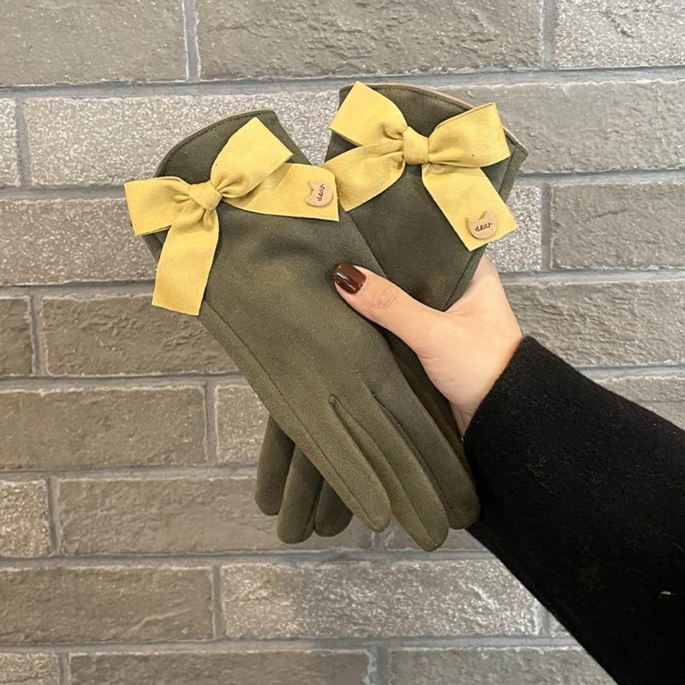 Soft Women Anti-cold Mittens Bow Thickened Suede Gloves Gift Windproof Finger Mittens  Winter