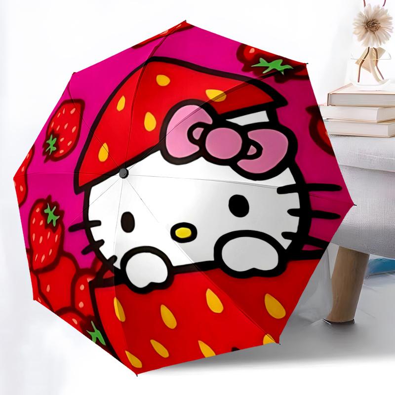1pc Strawberry Hello Kitty Automatic Opening/Closing Umbrella with Foldable Design, 8-Bone Iron Frame Outdoor Umbrella for Fans, Travelers, Daily Use,