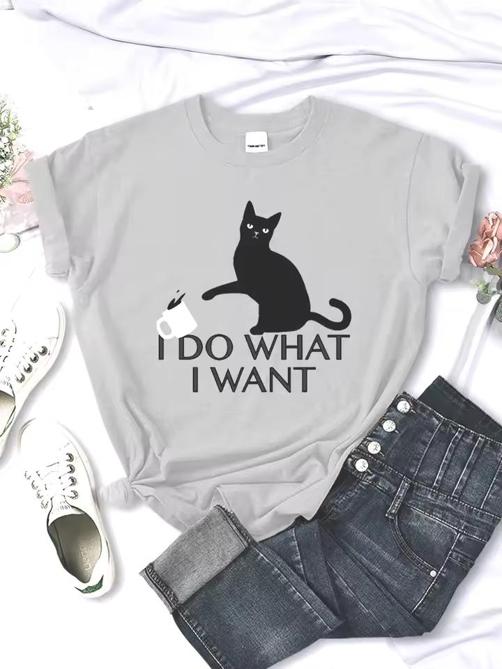 Creative Short Sleeve Vintage Casual Breathable Womans Tee Clothes Black Cat Want Letter Women TShirts Fashion Summer Streetwear