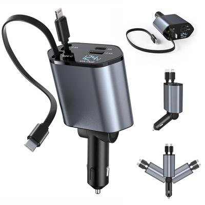 1 Stück einziehbarer Autoladegerät, 4-in-1 Schnelllade-Autoladegerät 120W, einziehbares Kabel und 2 USB-Anschlüsse Autoladegerät Adapter kompatibel
