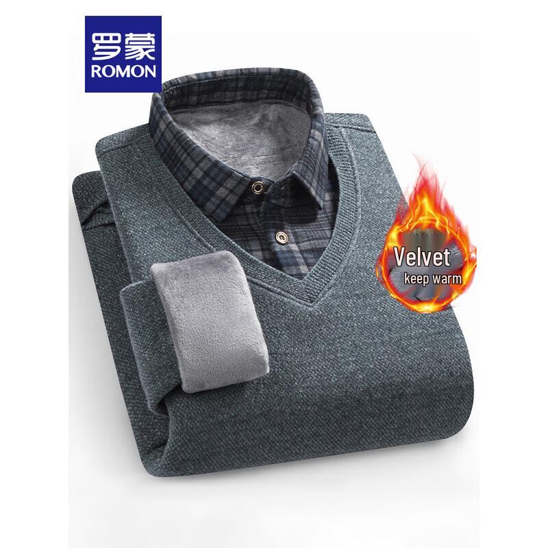 

ROMON Men s Faux Two-Piece Elastic Slim Knit Shirt 2XL