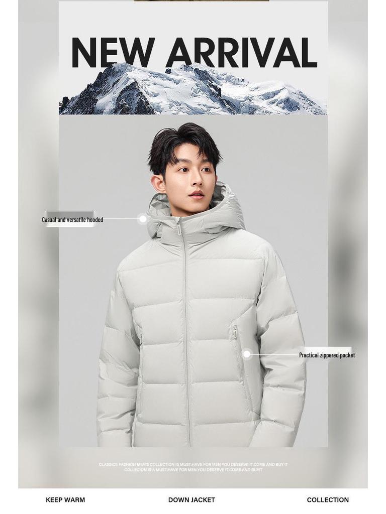 2025 A/W Men's Hooded Down Jacket: White Duck Down, Zipper Pockets, Warm, High Loft, Windproof.