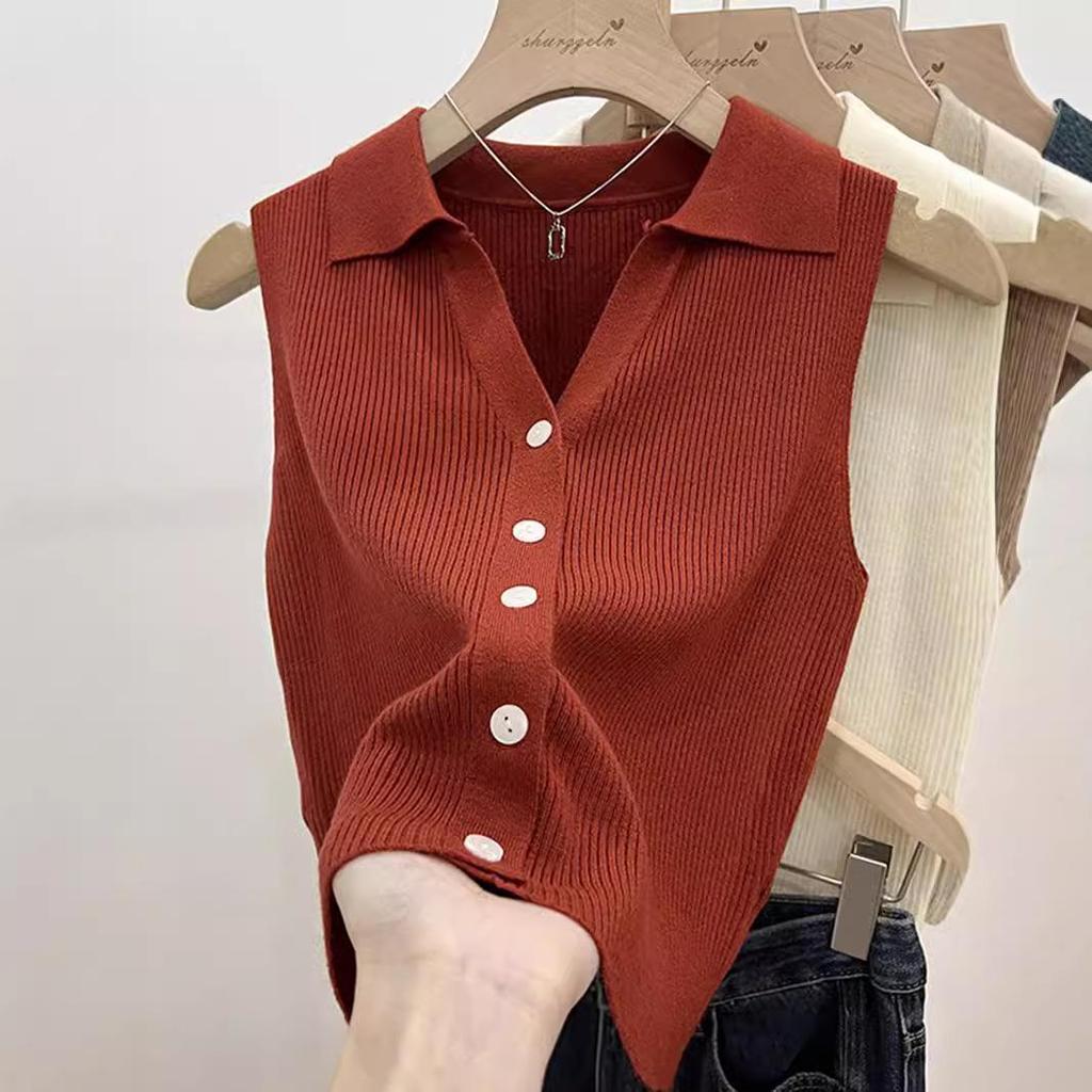 Women's Summer Chic Sleeveless Ice Silk Polo Collar Slim Fit Knit Camisole