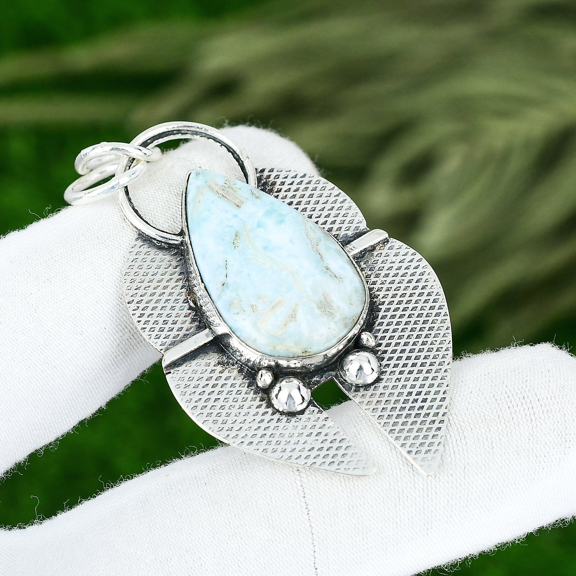 

Sisters Day Sale 925 Silver Pear Larimar Stone Birthday Bezel Wedding Pendant