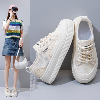 2025 Sommer Internet-Berühmtheit Atmungsaktive Kleine Weiße Schuhe, Damen Netzschuhe Vielseitige Dicksohlige Schnürung Dünne Freizeitschuhe