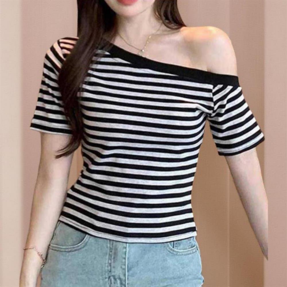 New Arrivals Open Run Women Slim FiT STripe Off Shoulder ShorT Sleeve Crop T