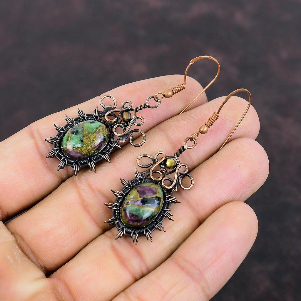 Copper Ruby Zoisite Earring Copper Wire Wrapped Earrings Designer Earring Original Gemstone Jewelry Handmade Earring Copper Jewelry For Gift