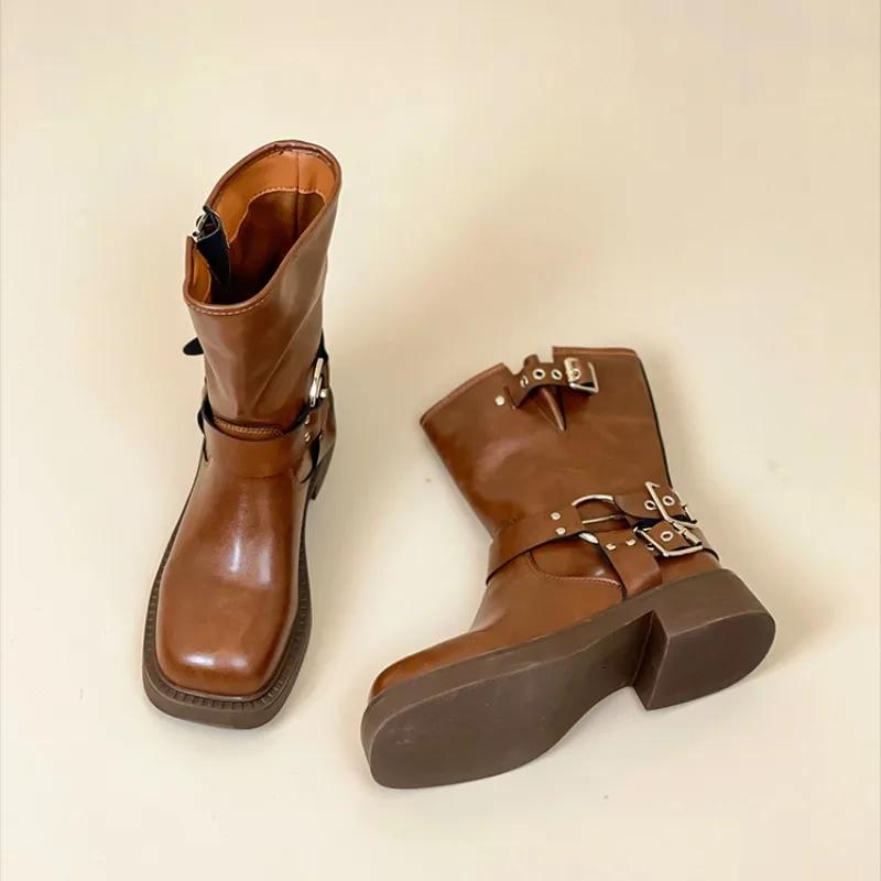 New In Ladies Mid Calf Shoes Brown Women's Half High Boots Platform Waterproof Chic and Elegant Winter 2025 Novelty On Promotion